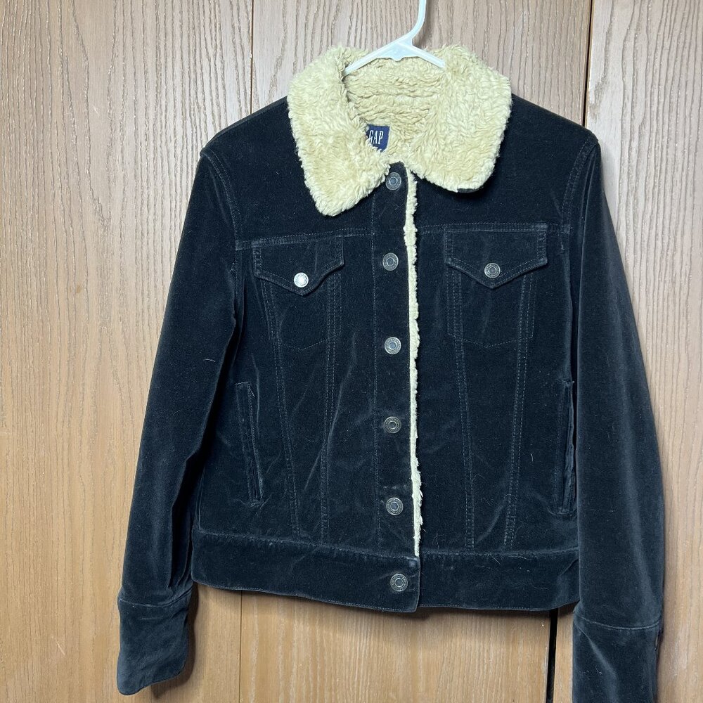 Gap Jacket Women Small Black Velvet Faux Fur Sheerling Lined Snap Button